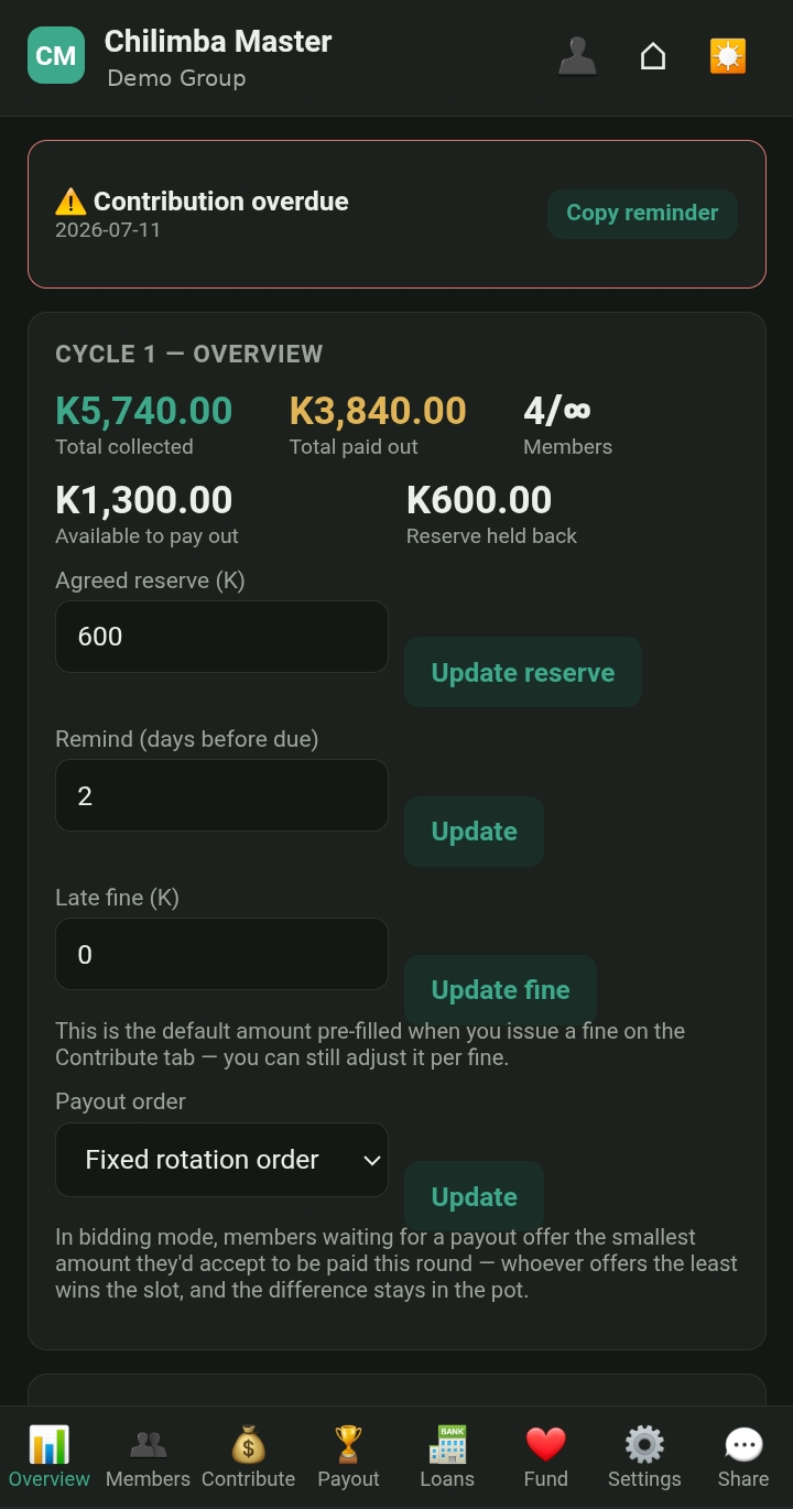 Chilimba Master cycle overview showing total contributions, payouts, and reserve settings