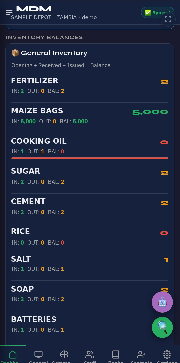 My Depot Master inventory dashboard showing stock balances for a sample depot