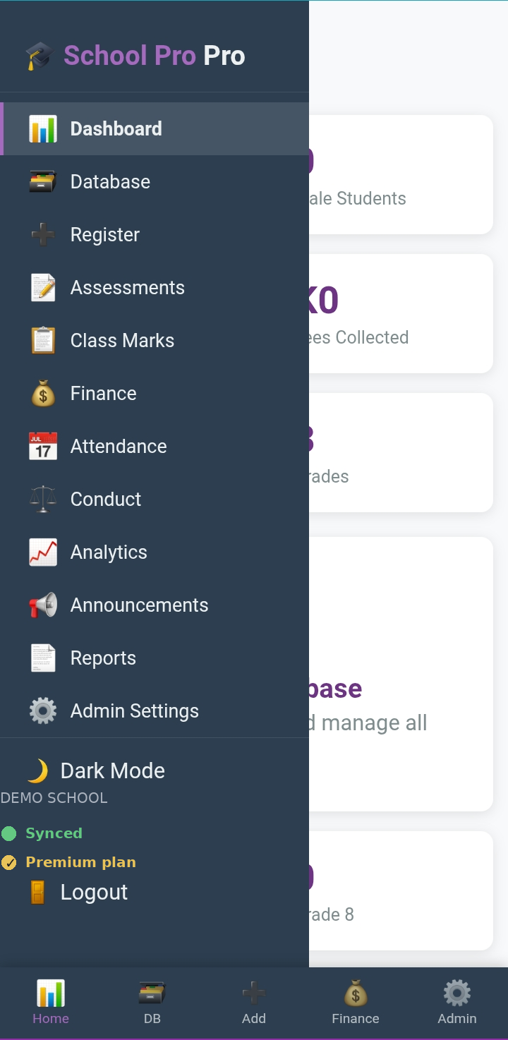 School Pro Ultimate dashboard showing navigation menu with student, finance, and admin modules