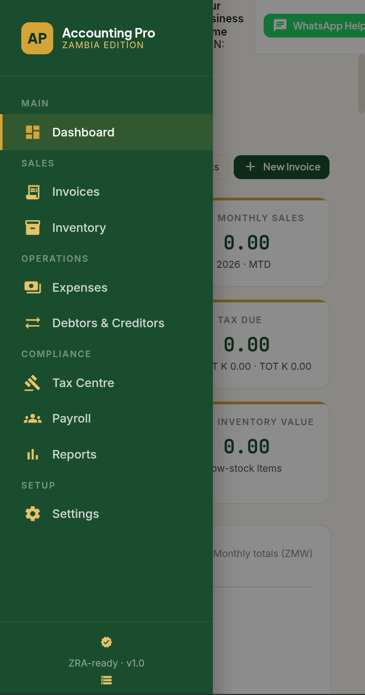 SME Accounts Pro dashboard showing monthly sales, tax due, and inventory value