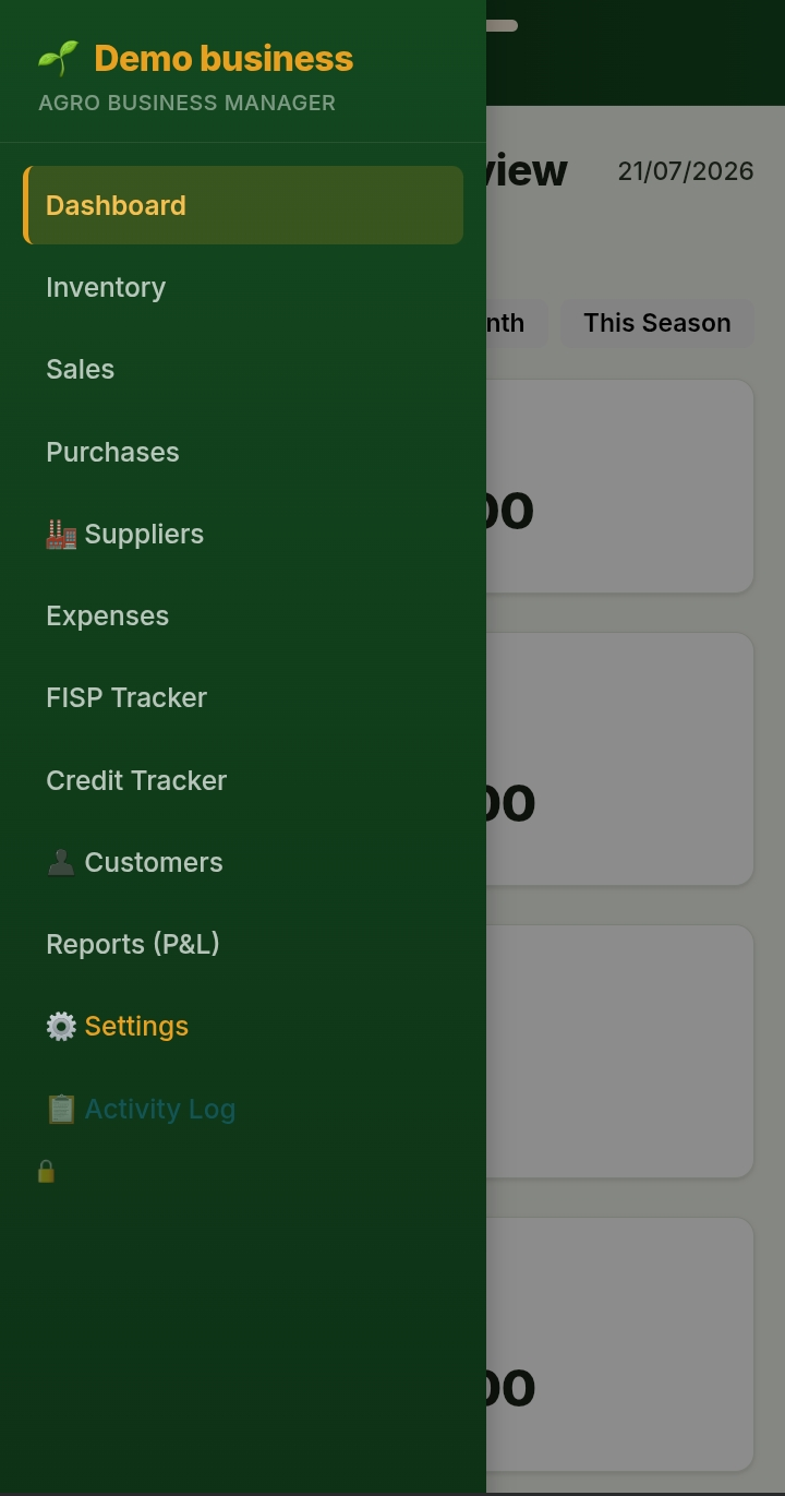 ZamAgro Track dashboard navigation showing inventory, sales, purchases, and credit tracker modules